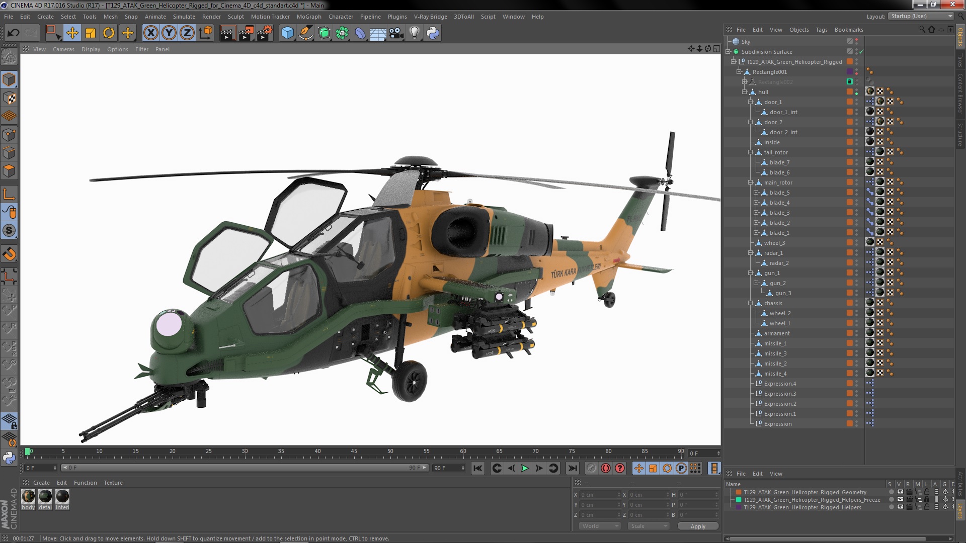 T129 ATAK Green Helicopter Rigged for Cinema 4D 3D