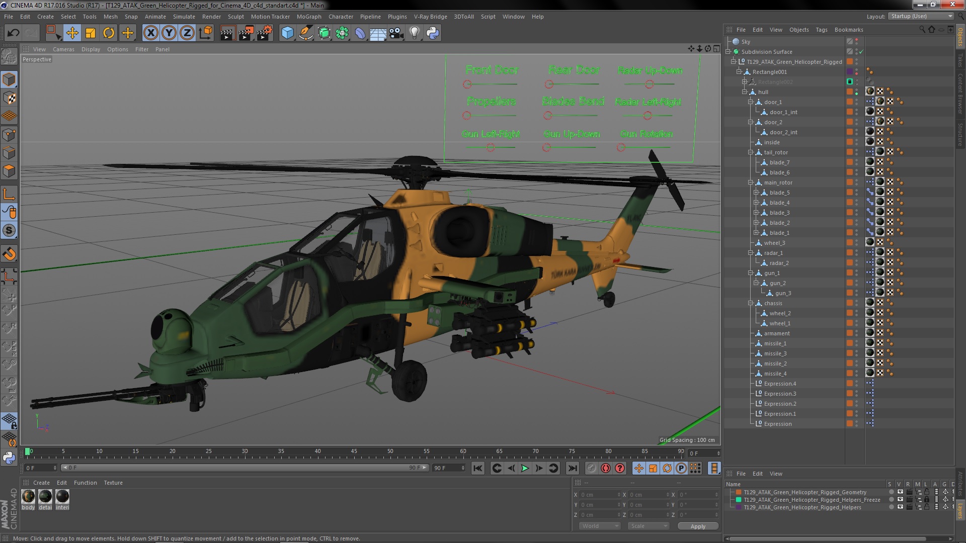 T129 ATAK Green Helicopter Rigged for Cinema 4D 3D