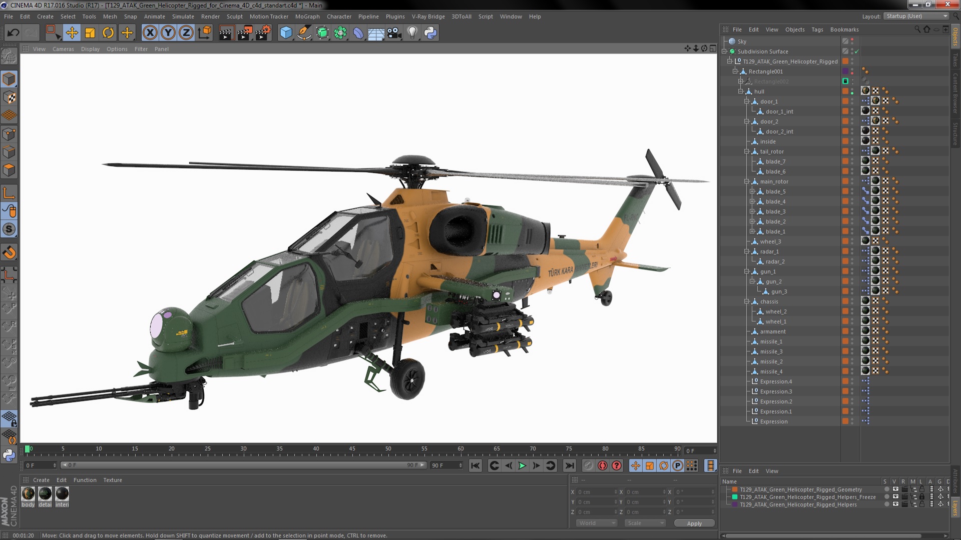 T129 ATAK Green Helicopter Rigged for Cinema 4D 3D