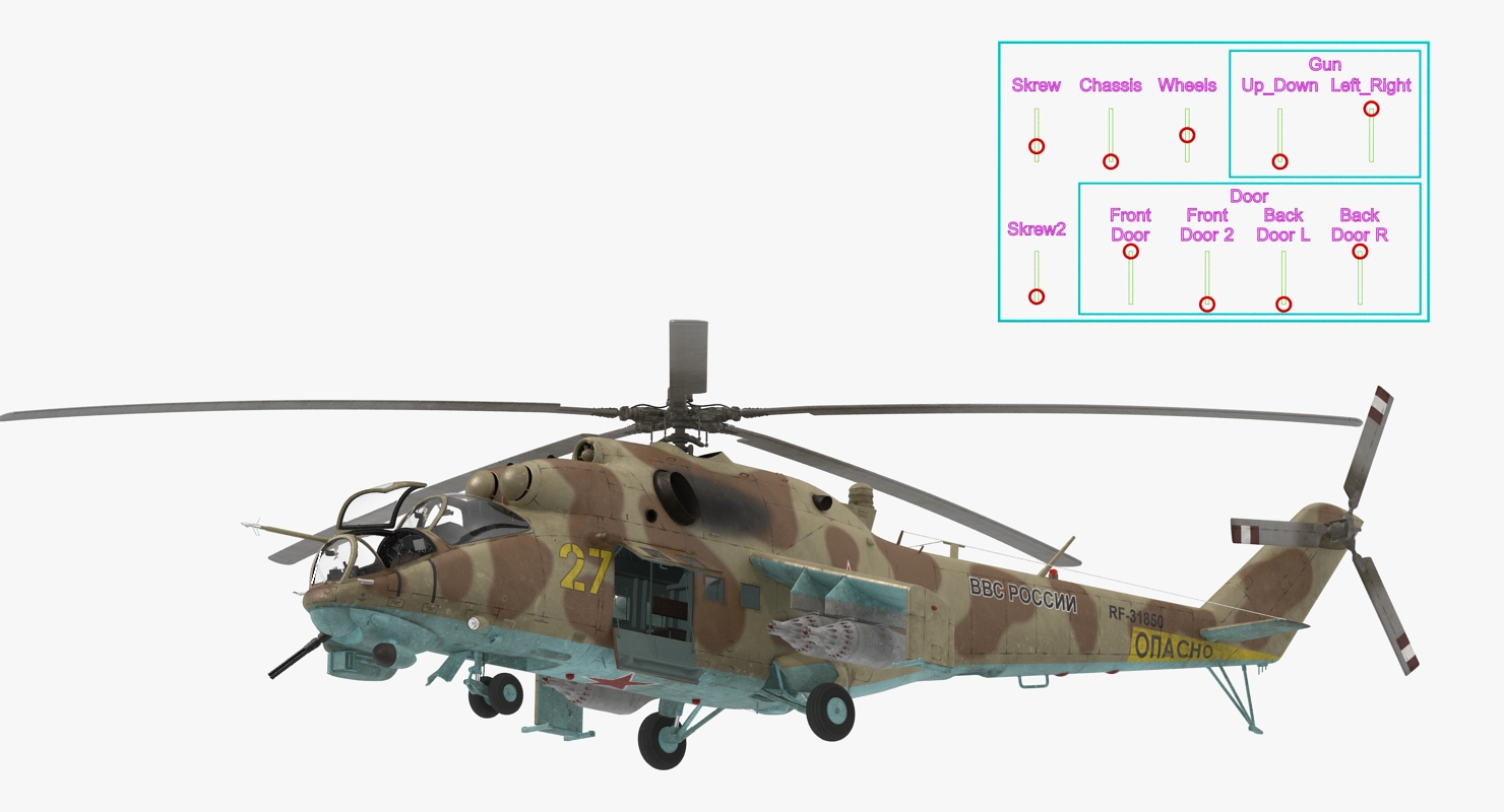 3D model Russian Attack Helicopter Mil Mi 24B Rigged 2