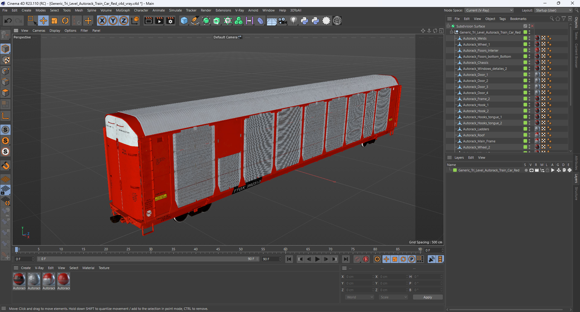 3D model Generic Tri Level Autorack Train Car Red