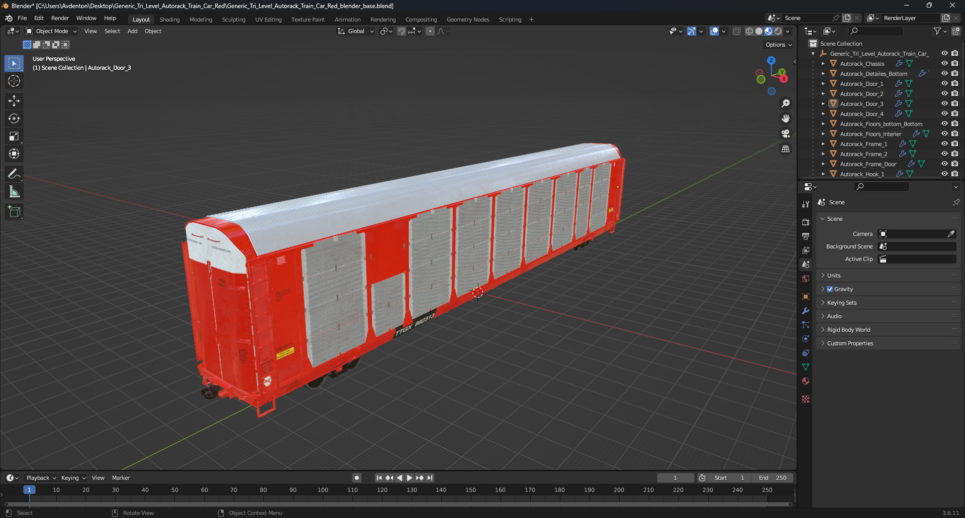 3D model Generic Tri Level Autorack Train Car Red