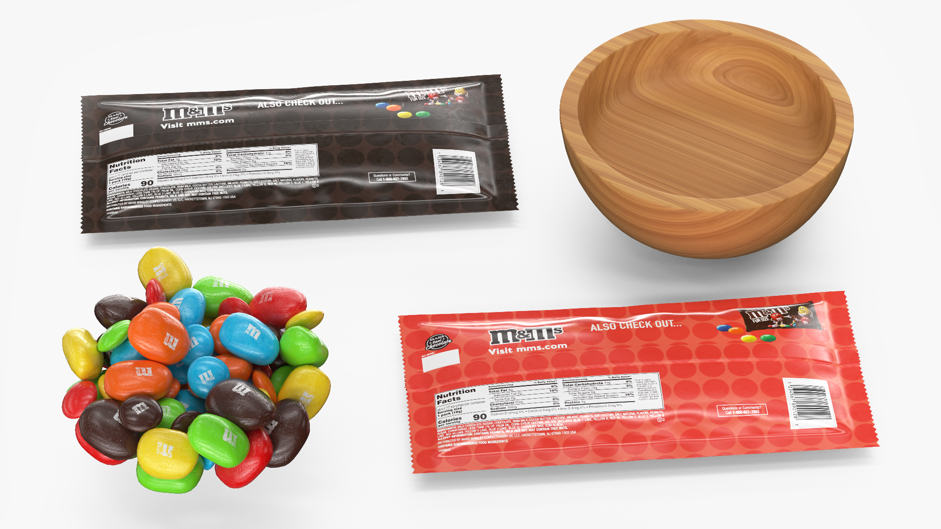 3D Various M and Ms Candies in Bowl with Packages