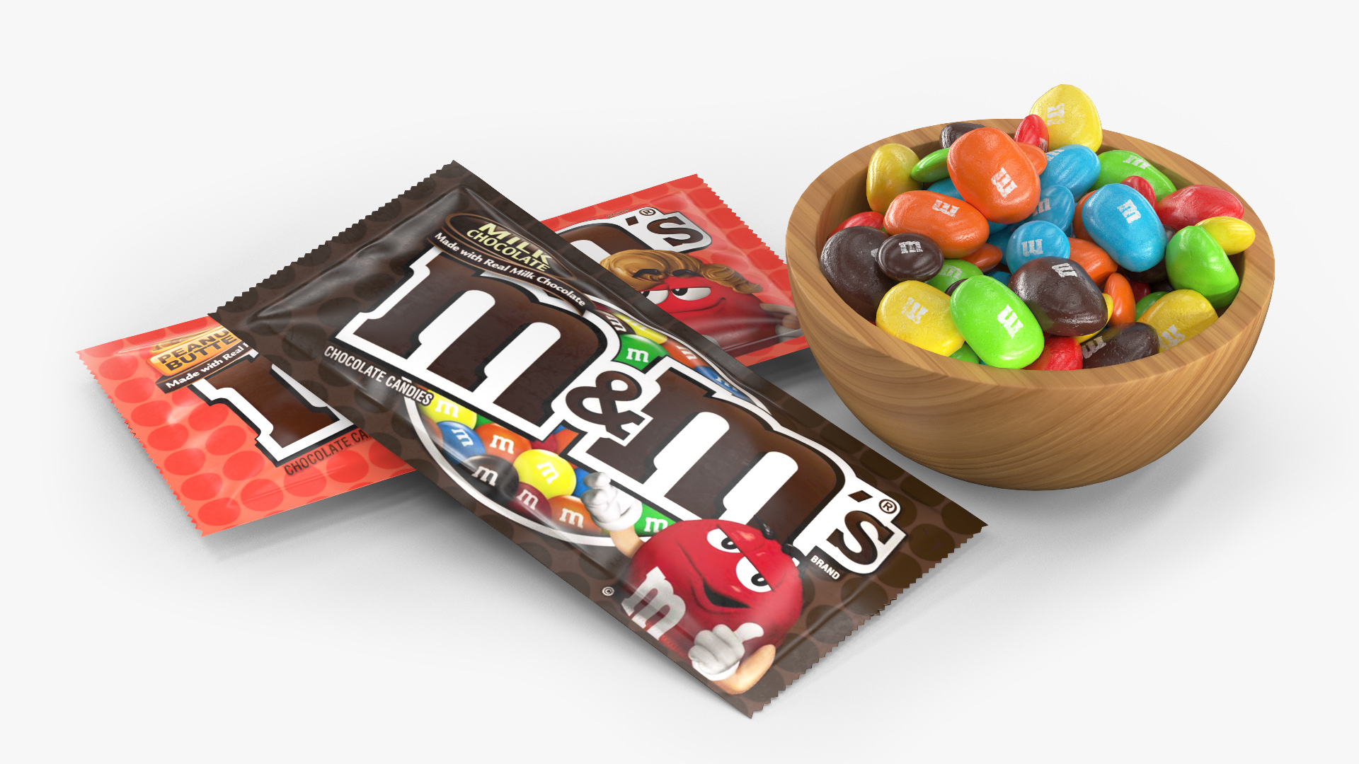 3D Various M and Ms Candies in Bowl with Packages