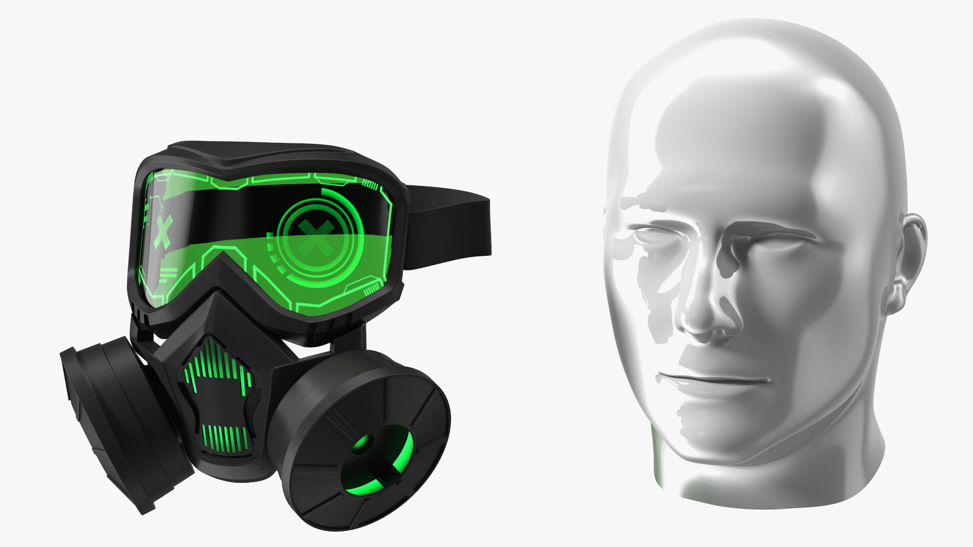 3D Futuristic Green Neon Gas Mask on Mannequin Head model