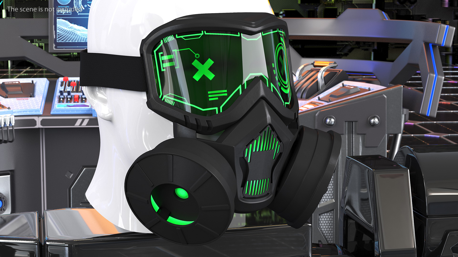 3D Futuristic Green Neon Gas Mask on Mannequin Head model