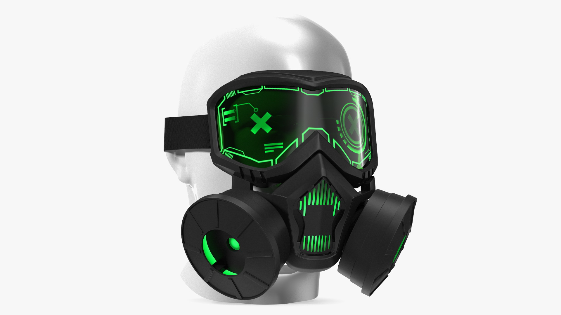 3D Futuristic Green Neon Gas Mask on Mannequin Head model