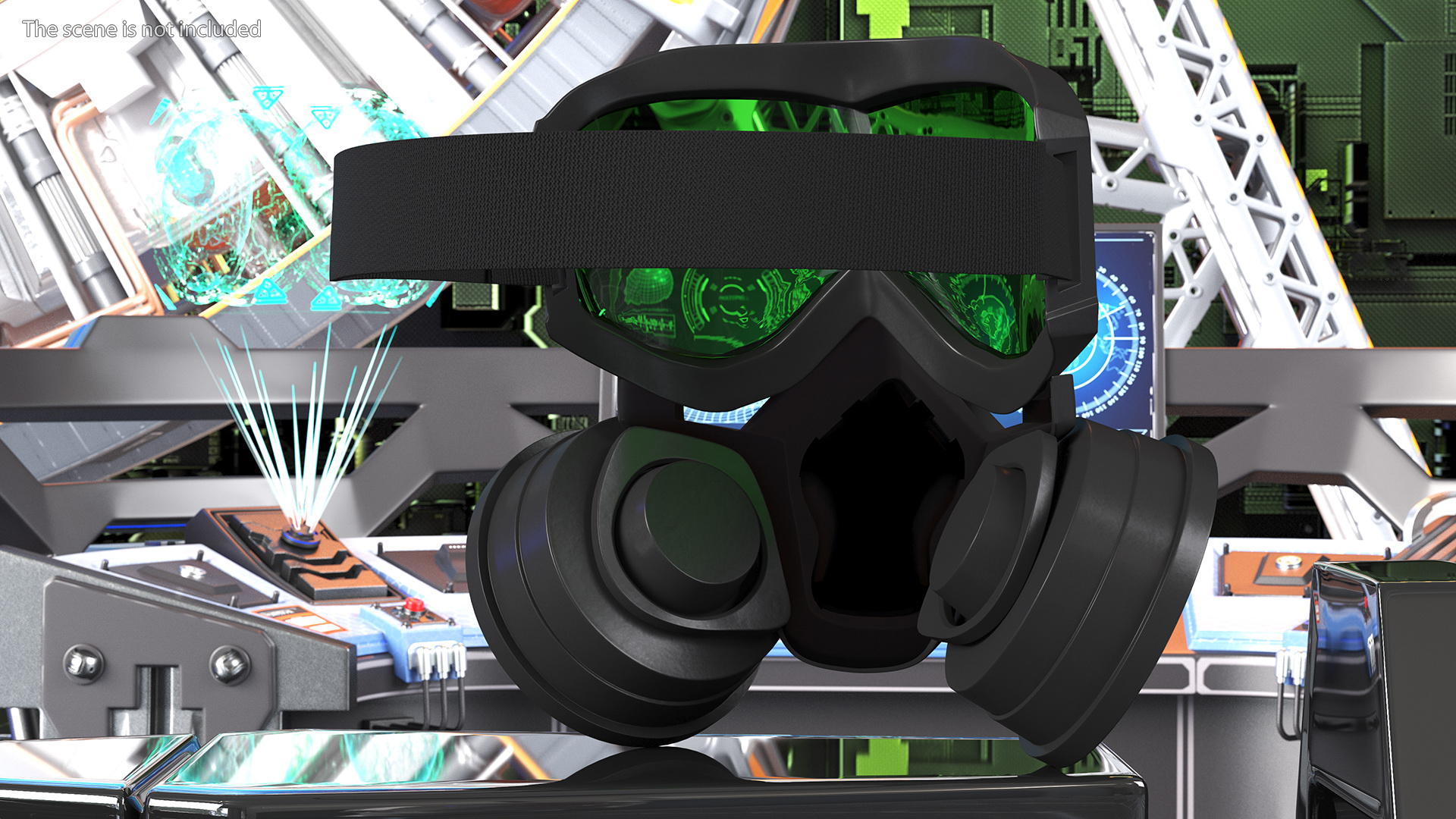 3D Futuristic Green Neon Gas Mask on Mannequin Head model