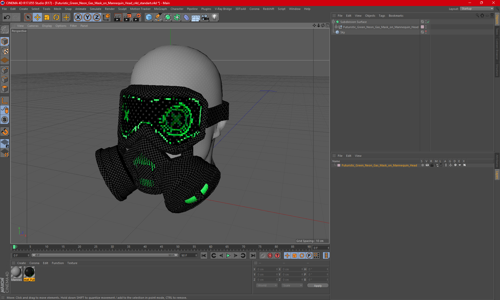 3D Futuristic Green Neon Gas Mask on Mannequin Head model