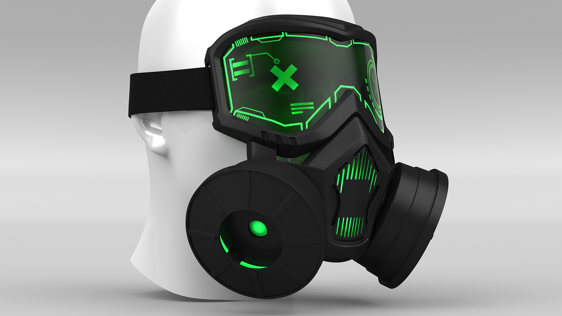 3D Futuristic Green Neon Gas Mask on Mannequin Head model