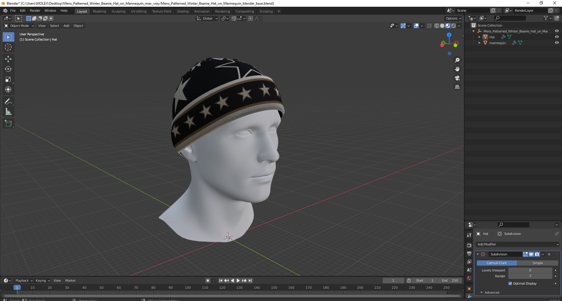 3D model Mens Patterned Winter Beanie Hat on Mannequin