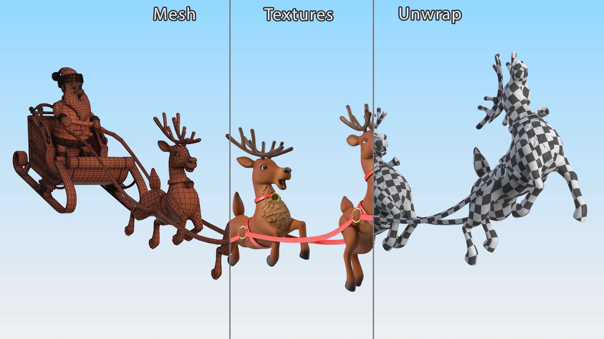 3D Santa Claus Reindeer Sleigh Flying Fur model