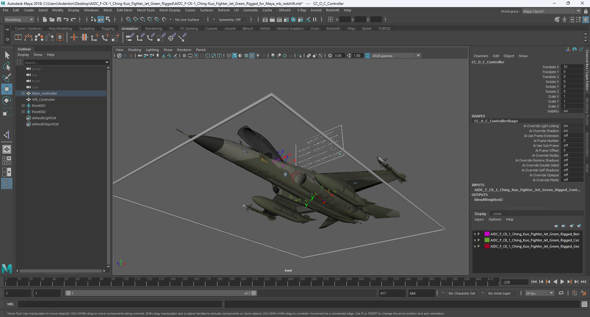 3D model AIDC F-CK-1 Ching-Kuo Fighter Jet Green Rigged for Maya