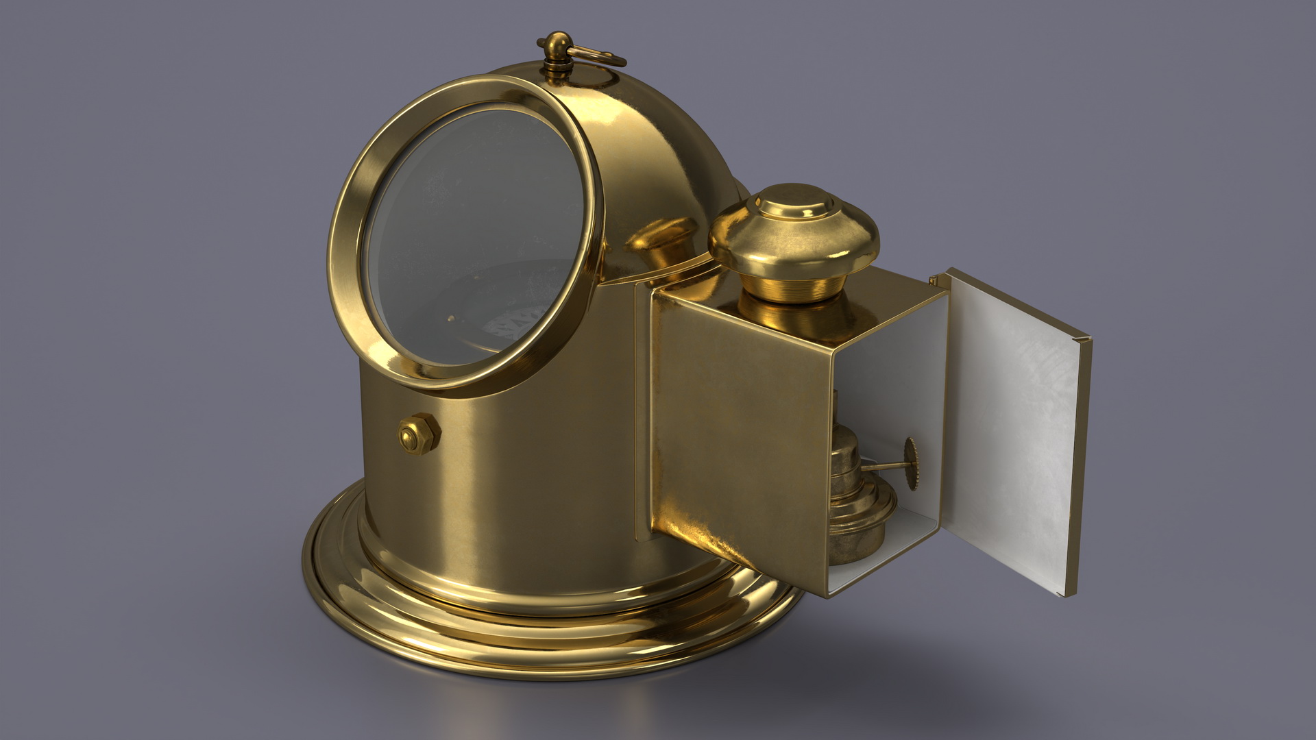 Antique Marine Compass with Oil Lamp Brass Open 3D