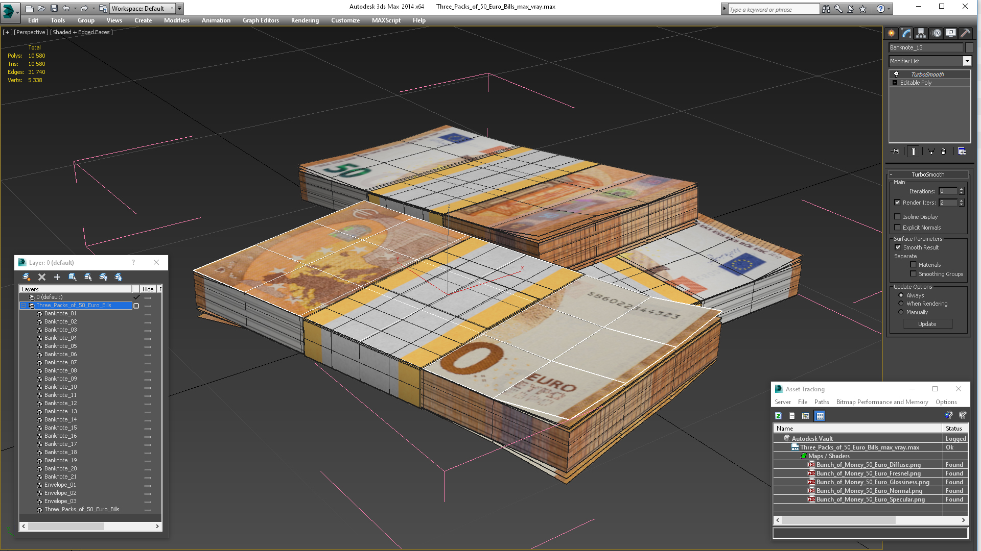 3D Three Packs of 50 Euro Bills model