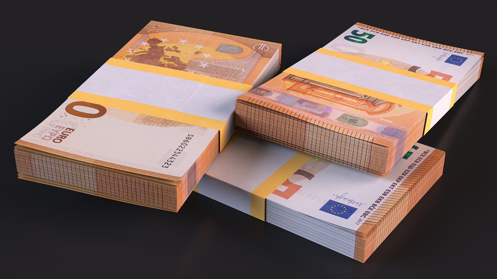 3D Three Packs of 50 Euro Bills model