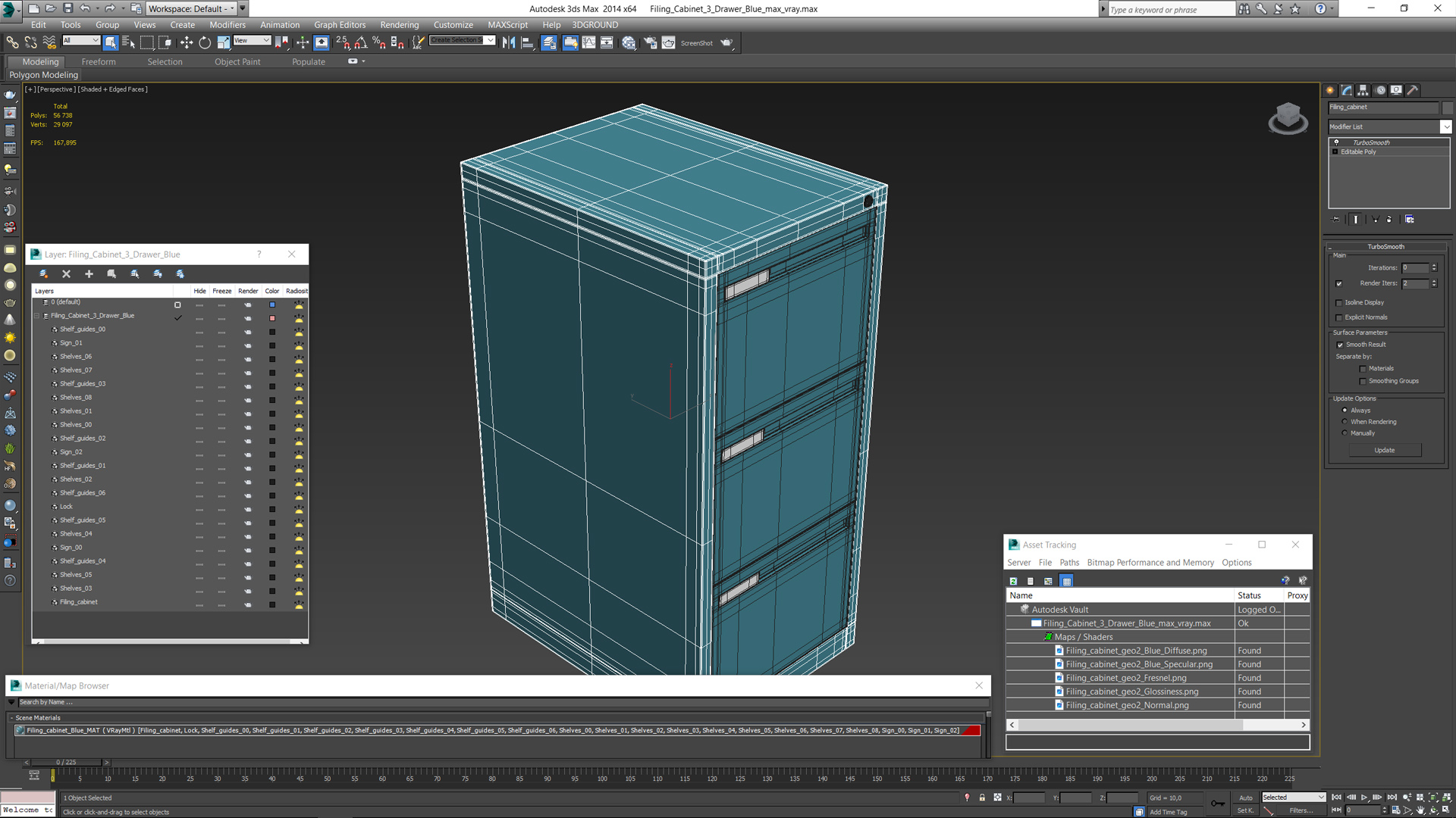 3D Filing Cabinet 3 Drawer Blue model