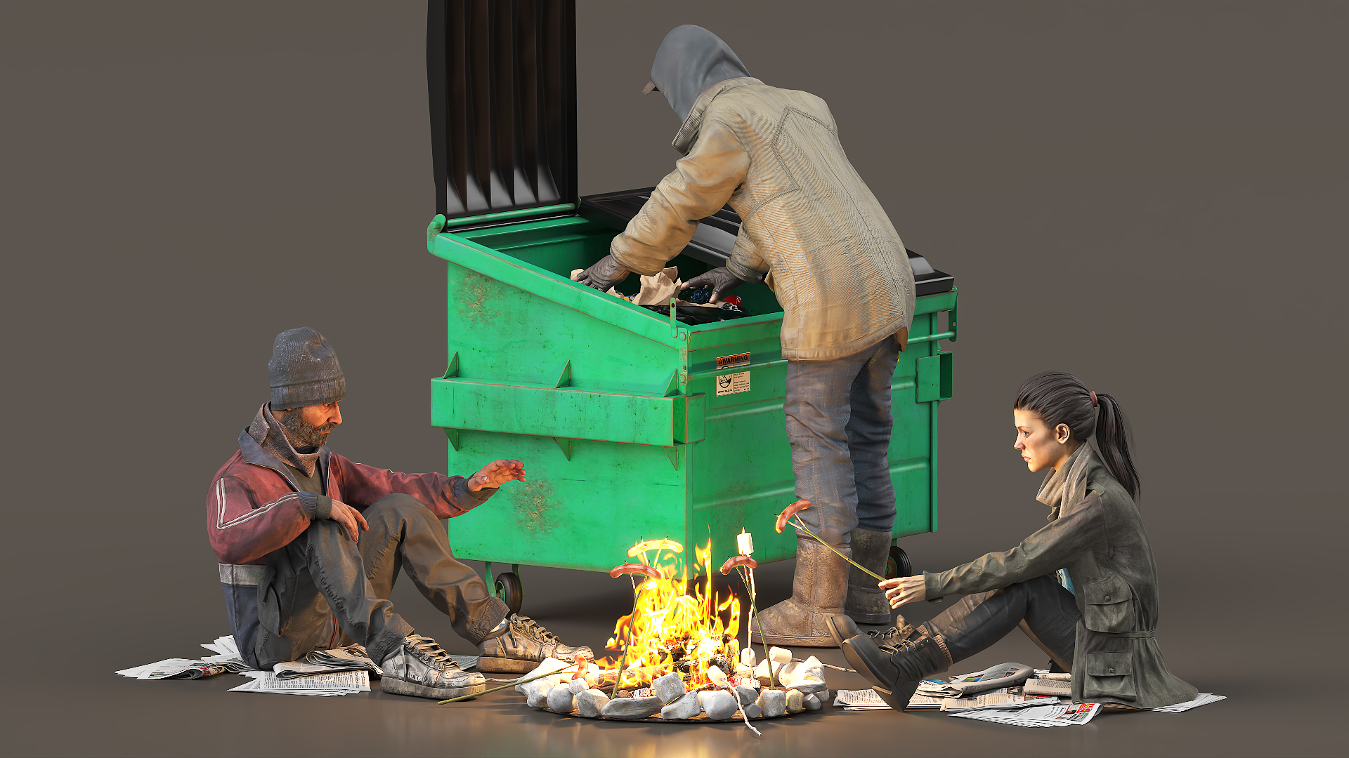 Homeless People Around Fire 3D