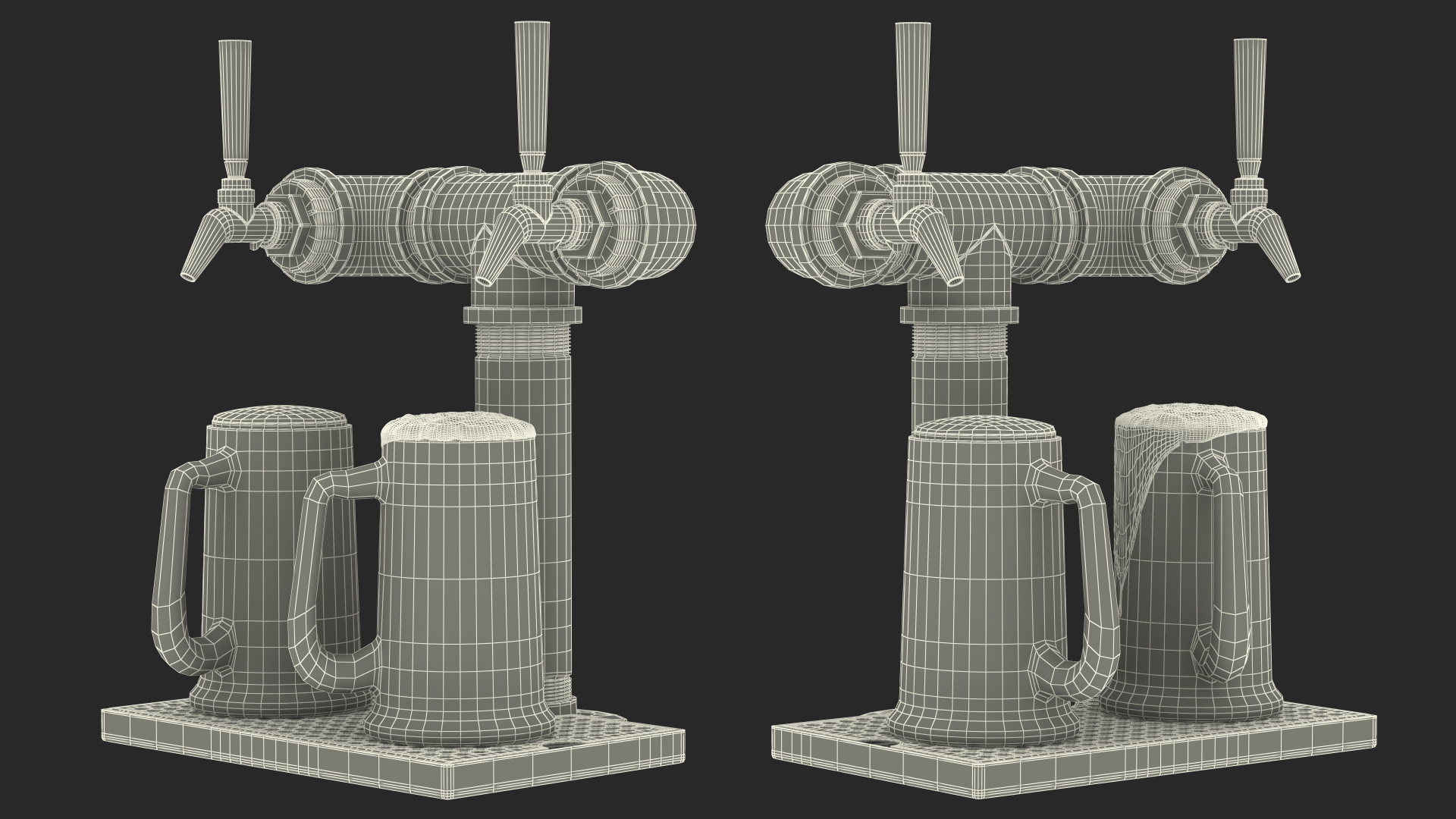 Black Iron Pipe Beer Tower Double Tap with Beer Mugs 3D