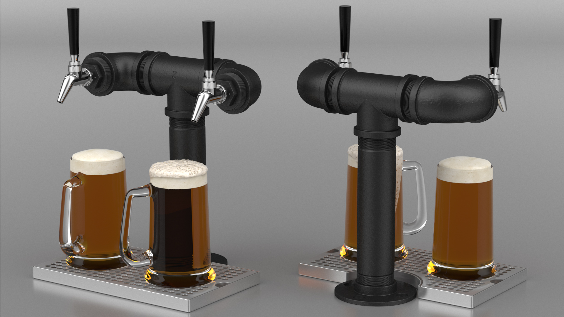 Black Iron Pipe Beer Tower Double Tap with Beer Mugs 3D