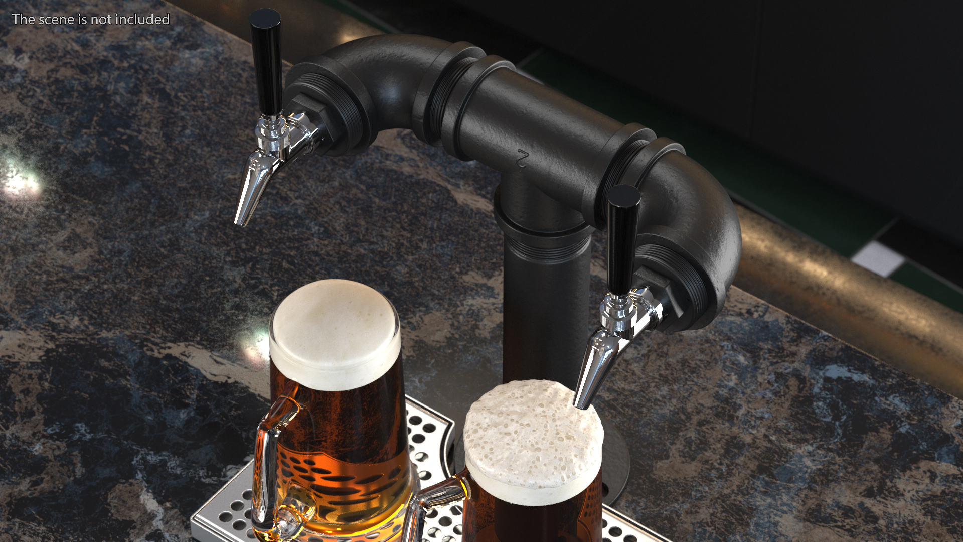 Black Iron Pipe Beer Tower Double Tap with Beer Mugs 3D