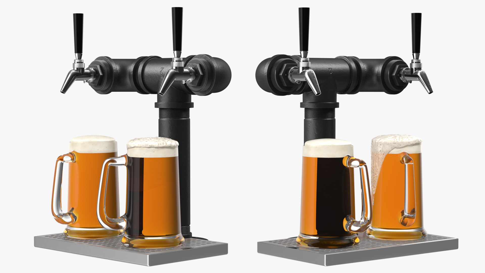 Black Iron Pipe Beer Tower Double Tap with Beer Mugs 3D