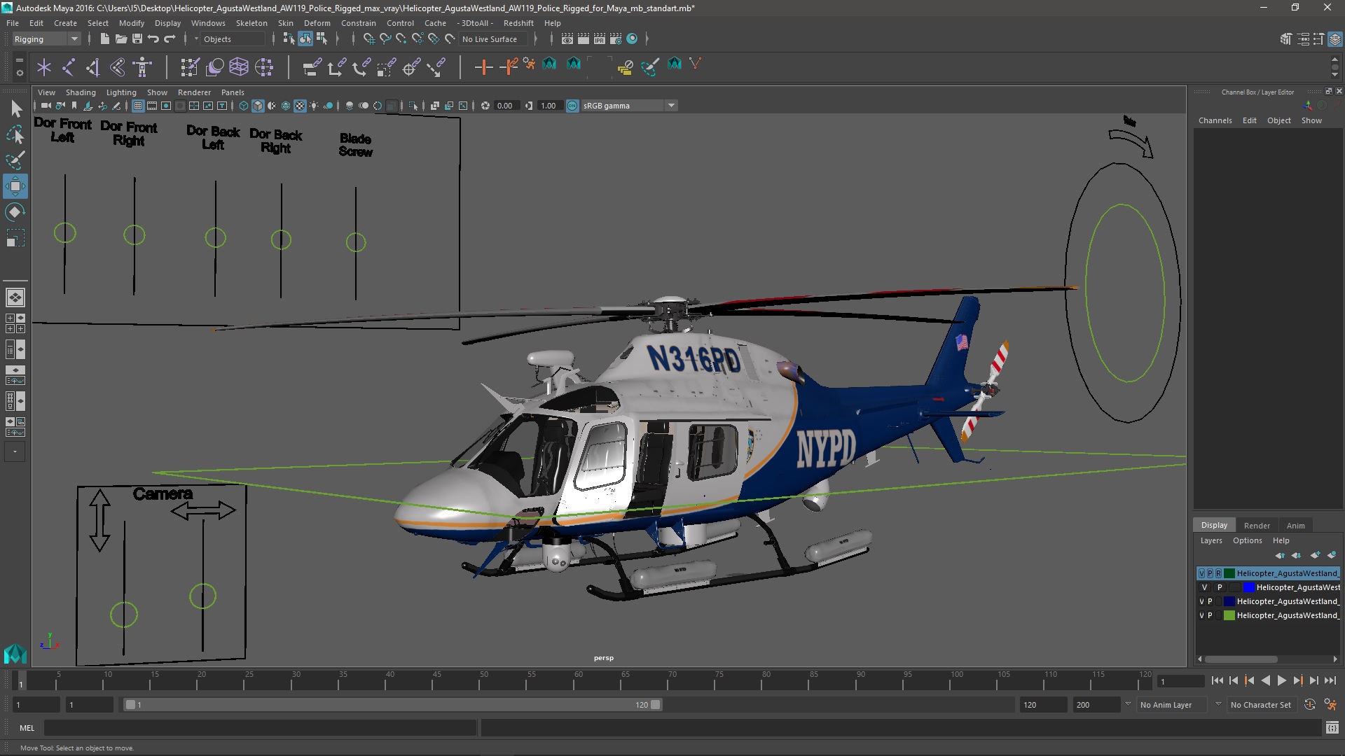 Helicopter AgustaWestland AW119 Police Rigged for Maya 3D model