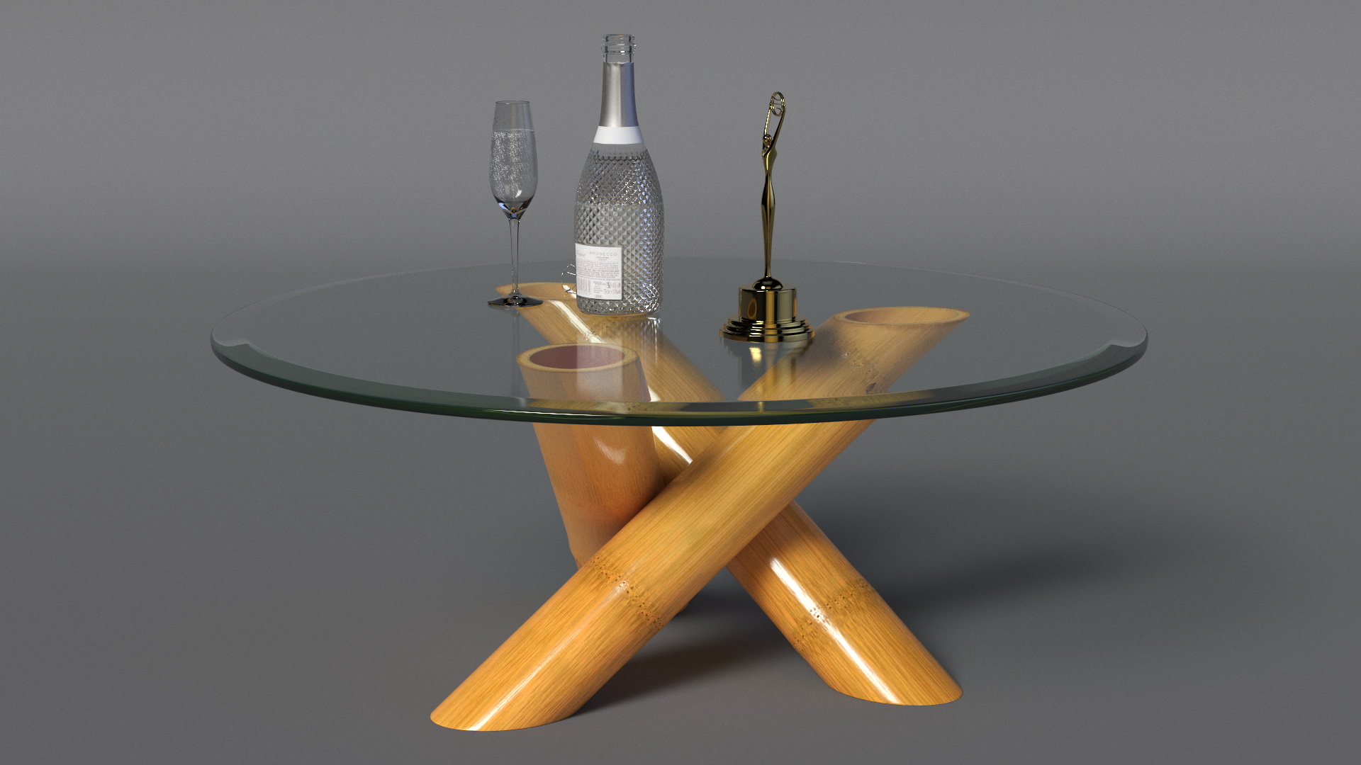 Clio Statuette and Champagne on Table 3D