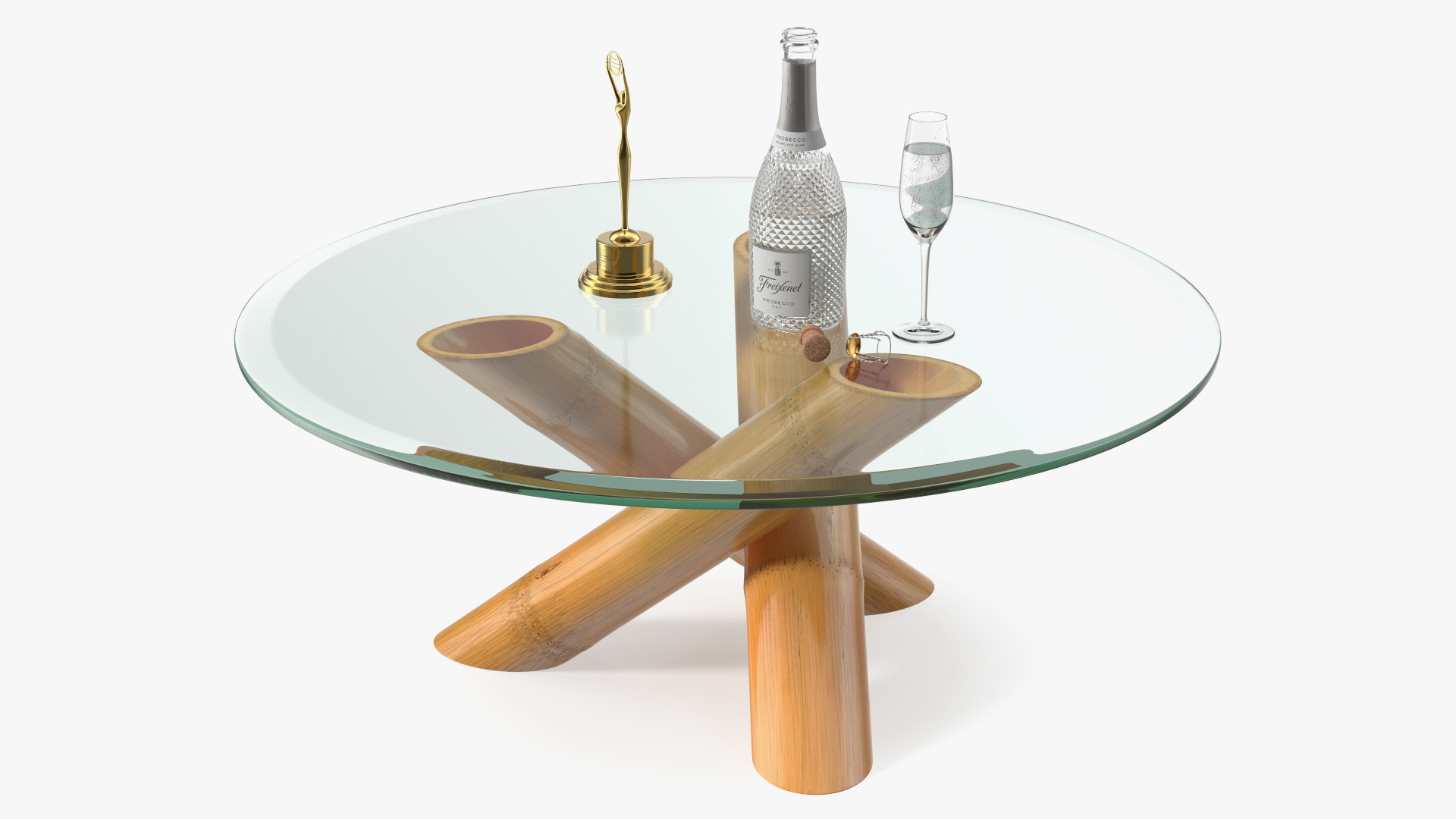 Clio Statuette and Champagne on Table 3D