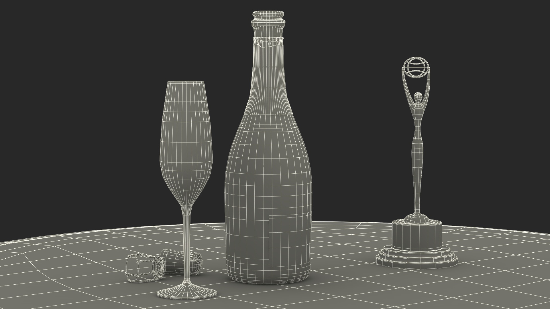 Clio Statuette and Champagne on Table 3D