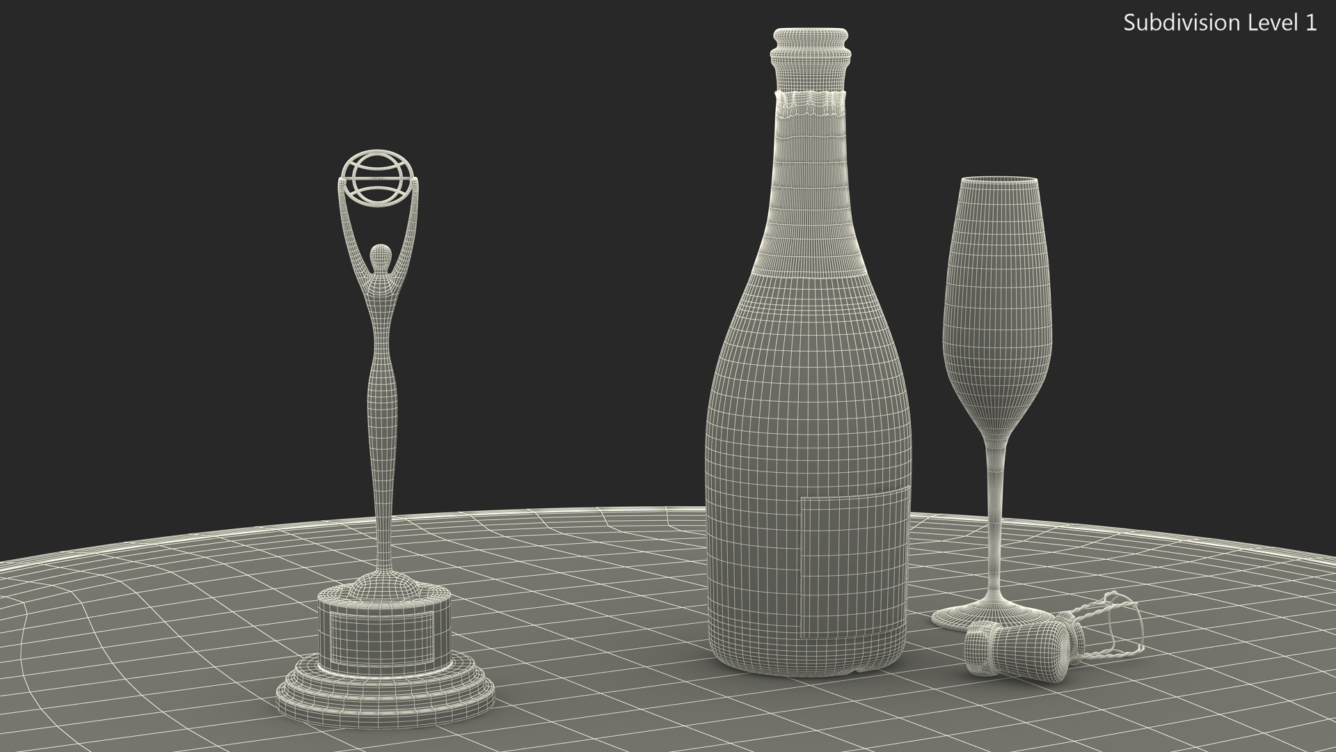 Clio Statuette and Champagne on Table 3D