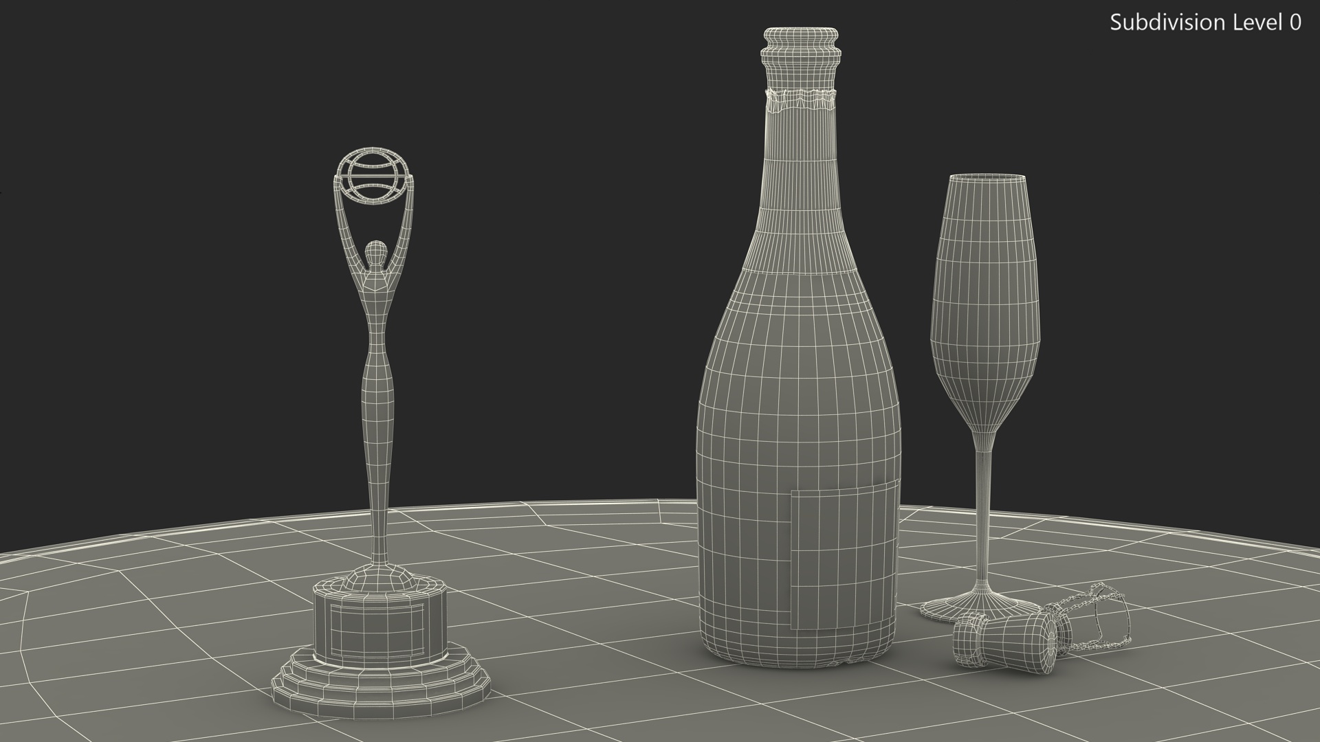 Clio Statuette and Champagne on Table 3D