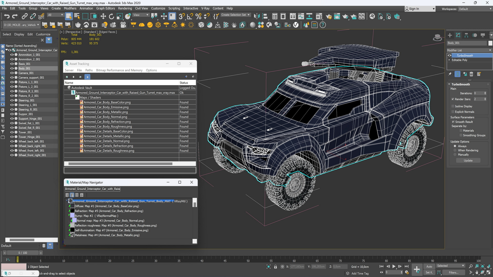 3D Armored Ground Interceptor Car with Raised Gun Turret model