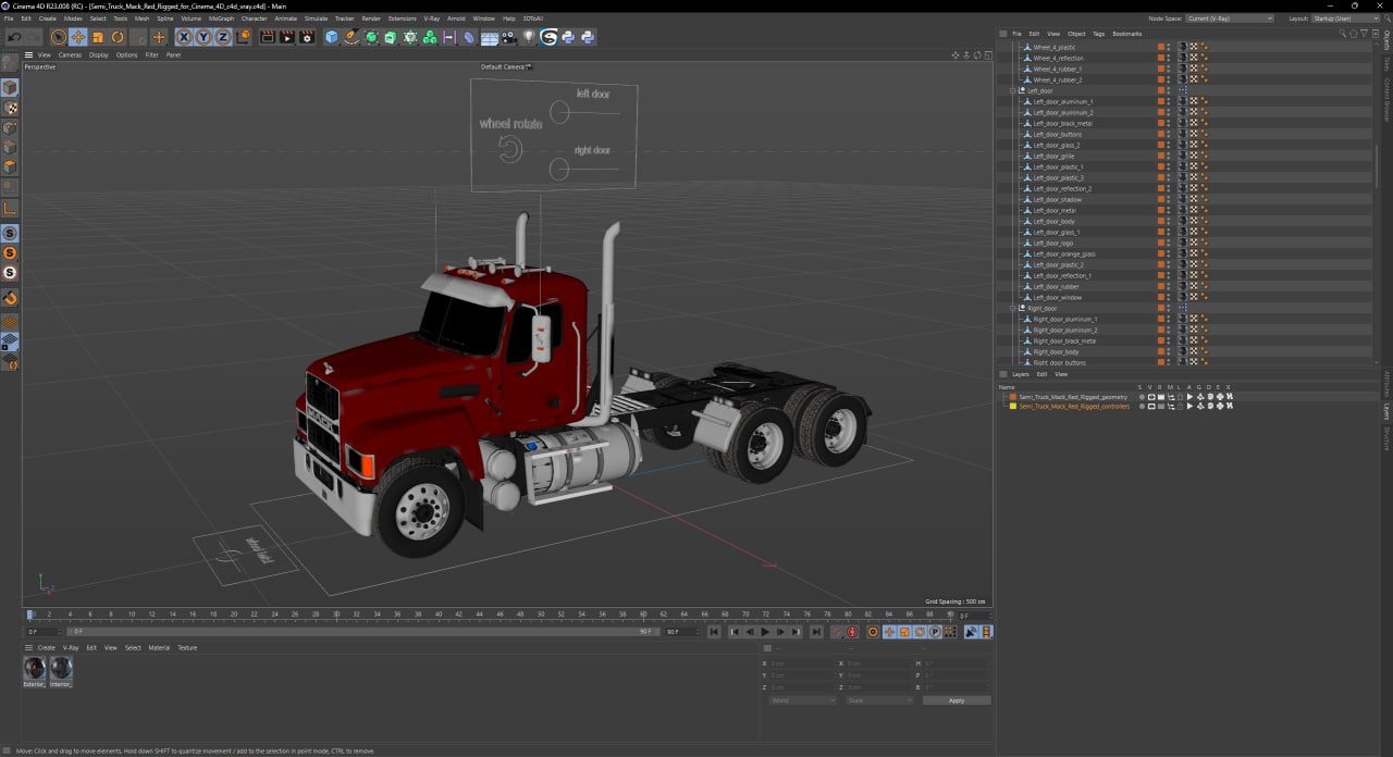 3D model Semi Truck Mack Red Rigged for Cinema 4D