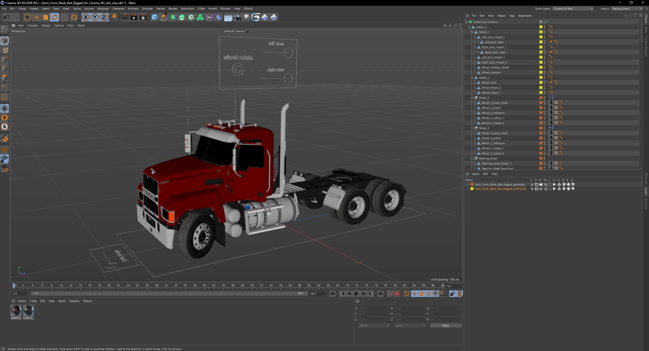 3D model Semi Truck Mack Red Rigged for Cinema 4D