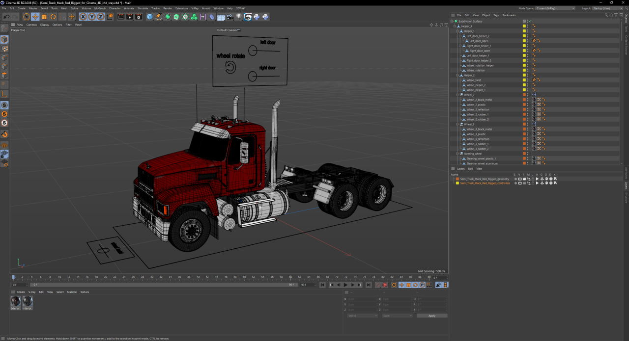 3D model Semi Truck Mack Red Rigged for Cinema 4D