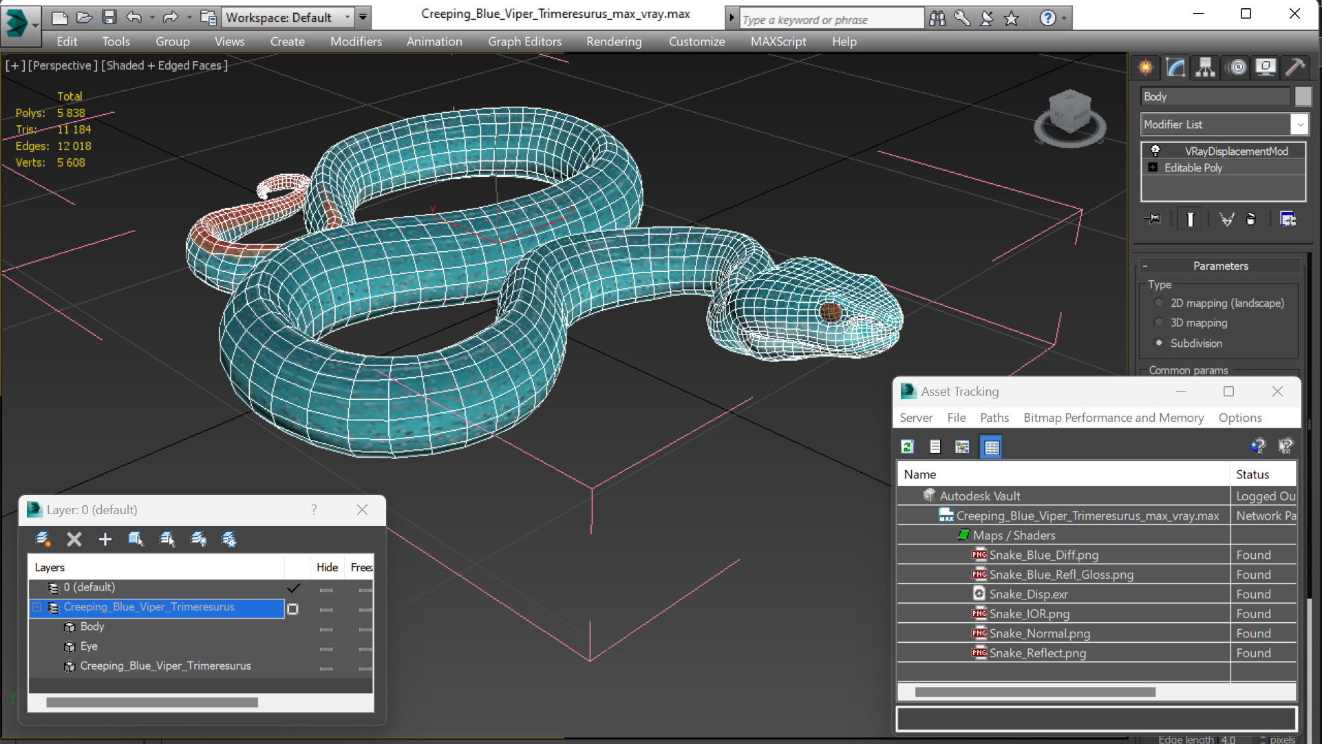 Creeping Blue Viper Trimeresurus 3D