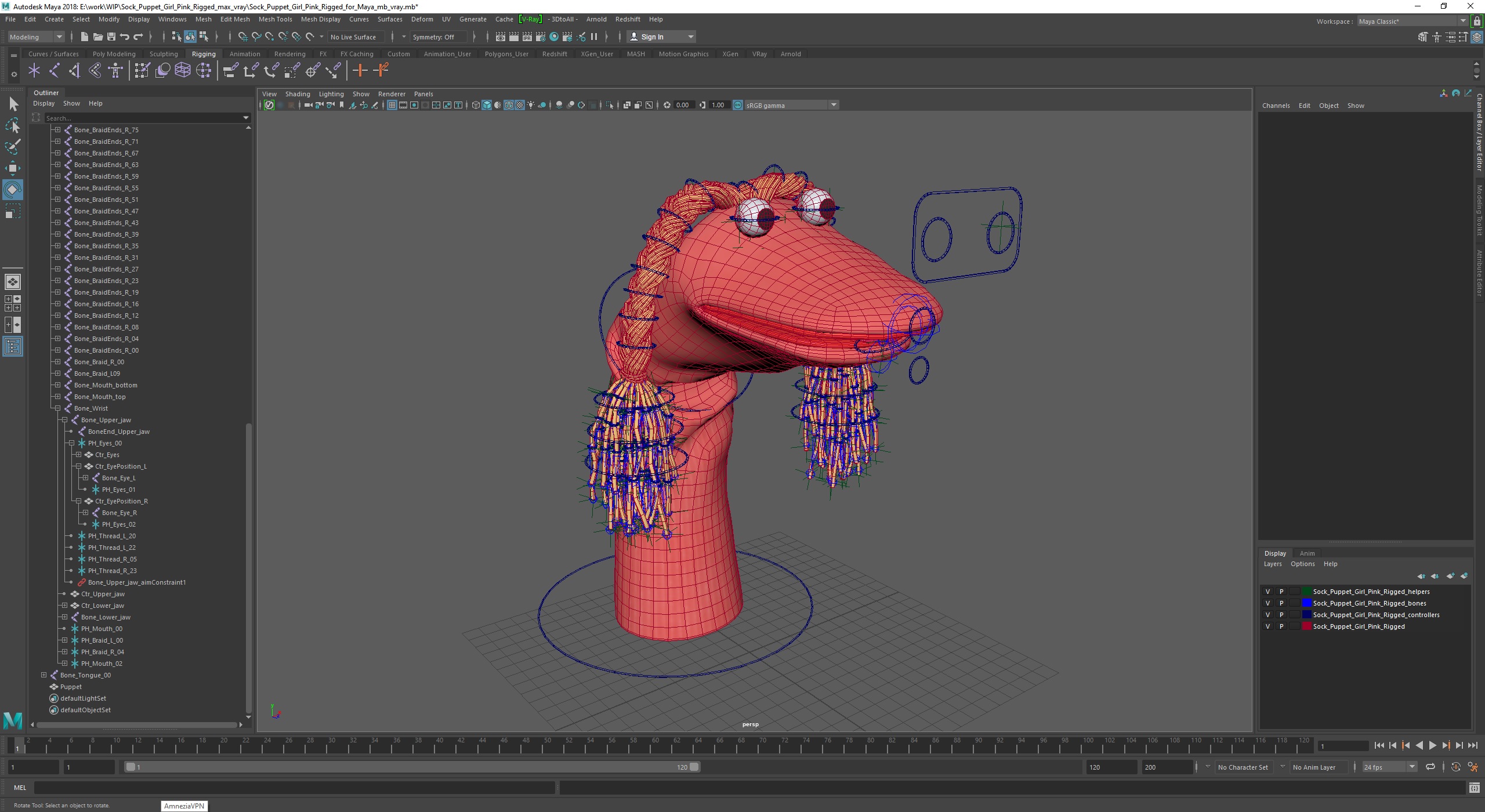 Sock Puppet Girl Pink Rigged for Maya 3D