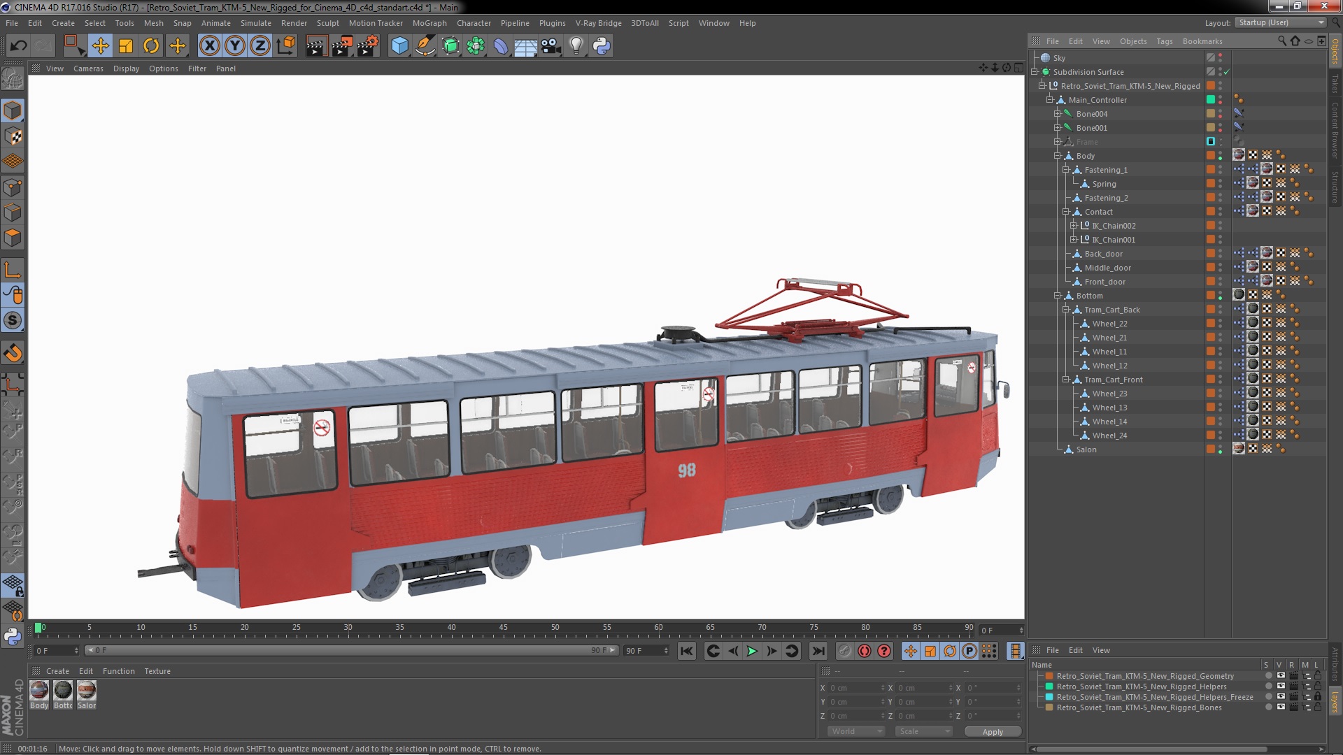 3D Retro Soviet Tram KTM-5 New Rigged for Cinema 4D model