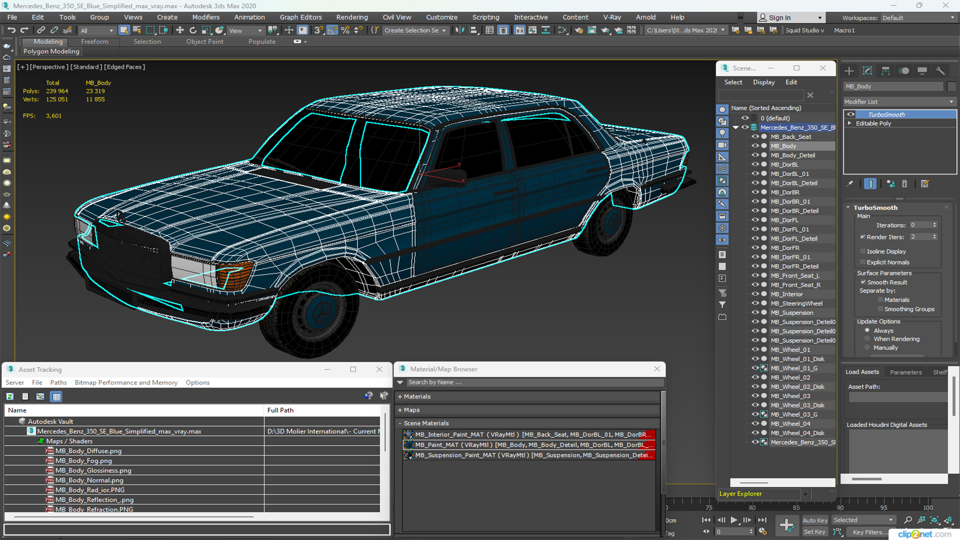 3D Mercedes Benz 350 SE Blue Simplified