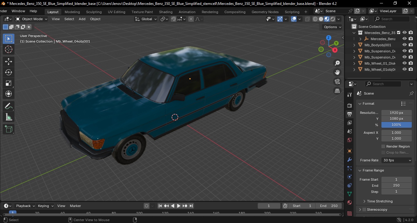 3D Mercedes Benz 350 SE Blue Simplified