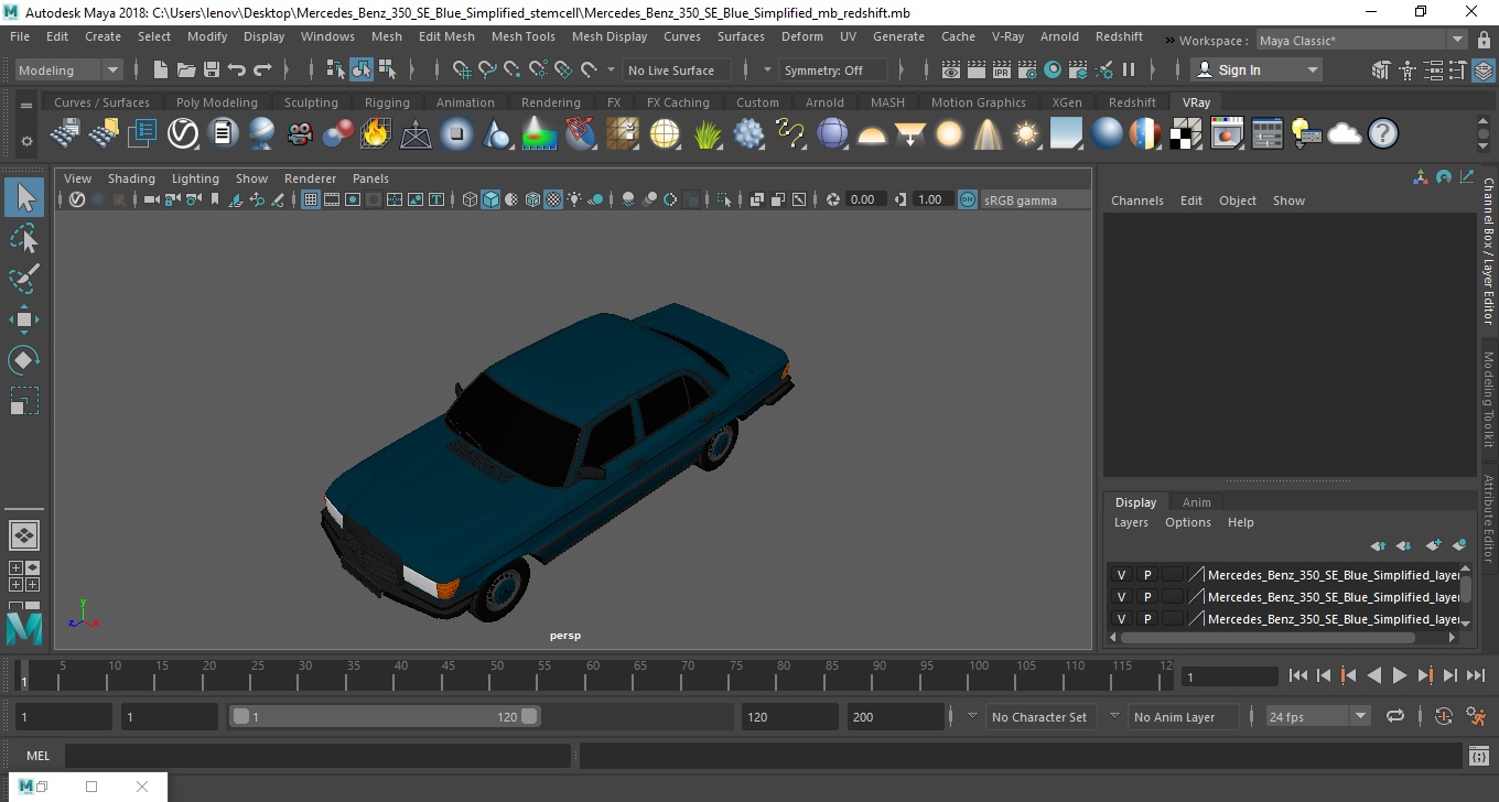 3D Mercedes Benz 350 SE Blue Simplified