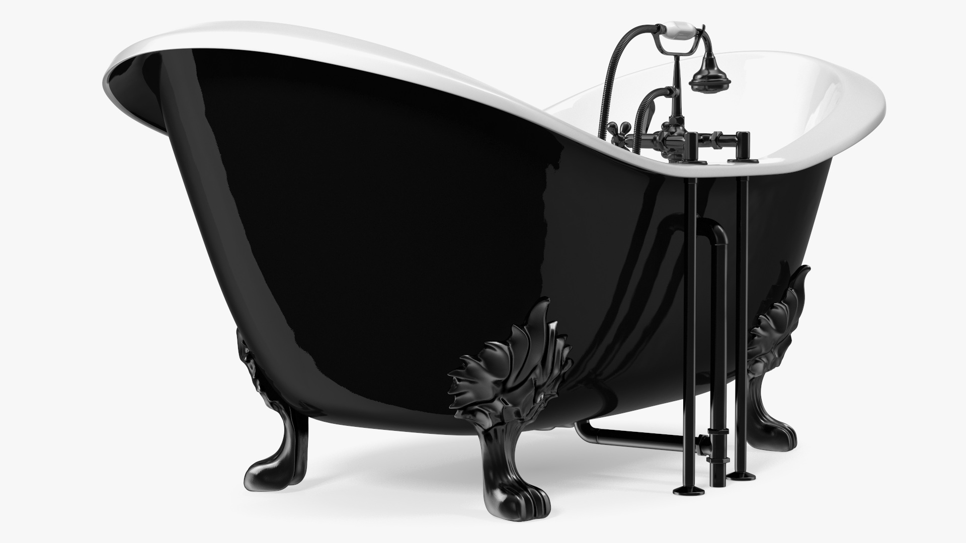 3D Black Double Slipper Clawfoot Bath with Black Feet and Plumbing model