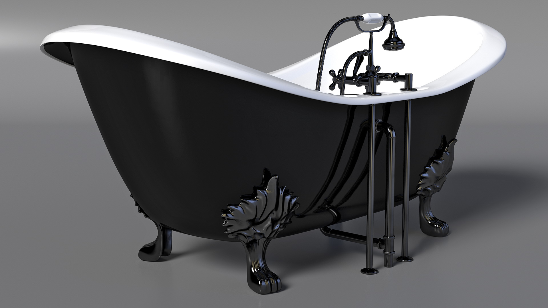 3D Black Double Slipper Clawfoot Bath with Black Feet and Plumbing model