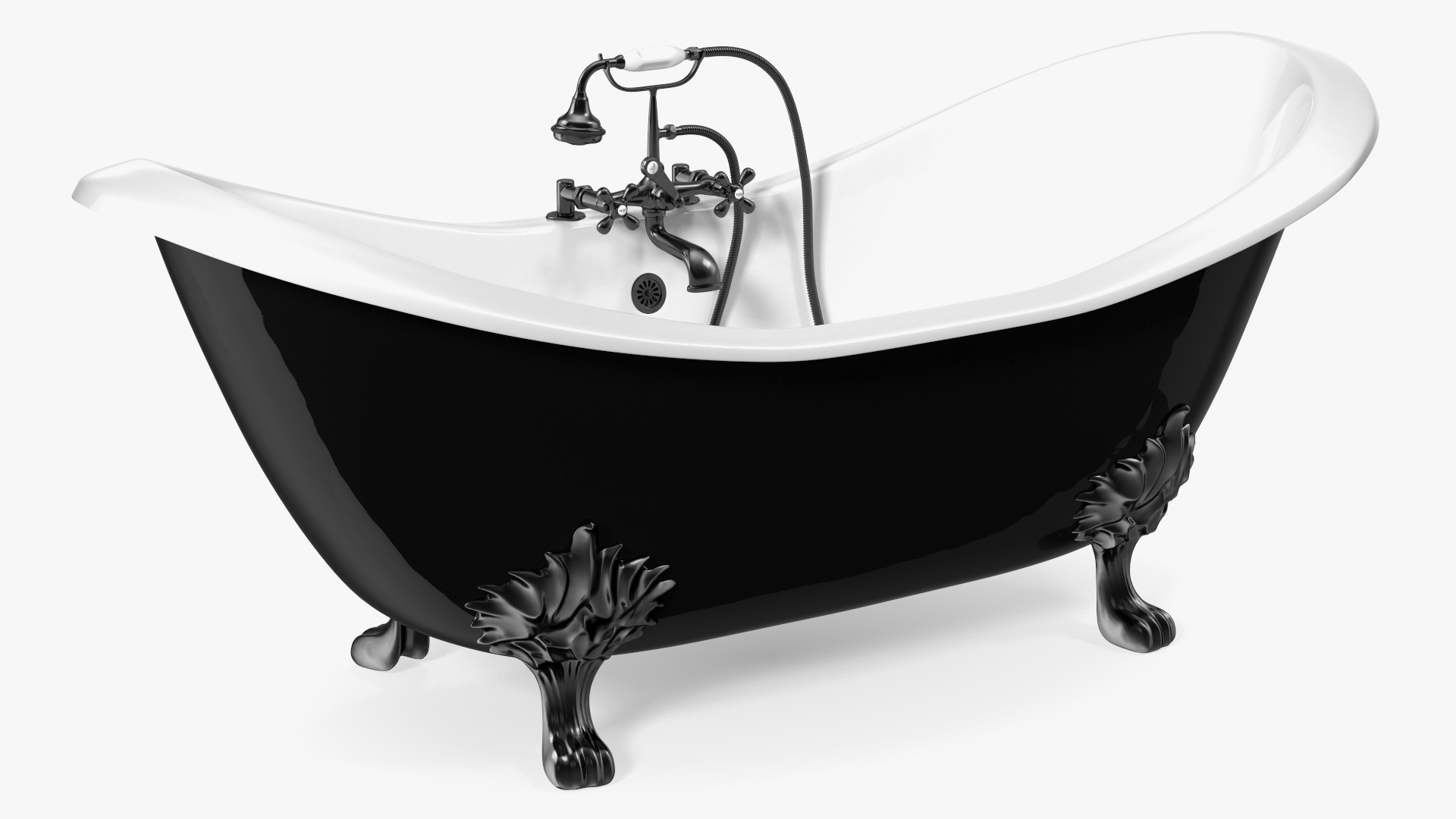 3D Black Double Slipper Clawfoot Bath with Black Feet and Plumbing model