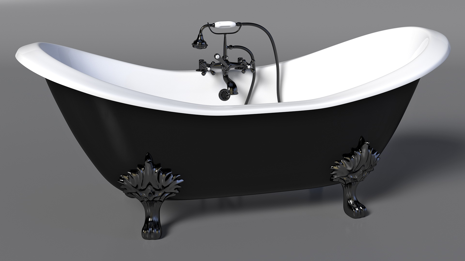 3D Black Double Slipper Clawfoot Bath with Black Feet and Plumbing model