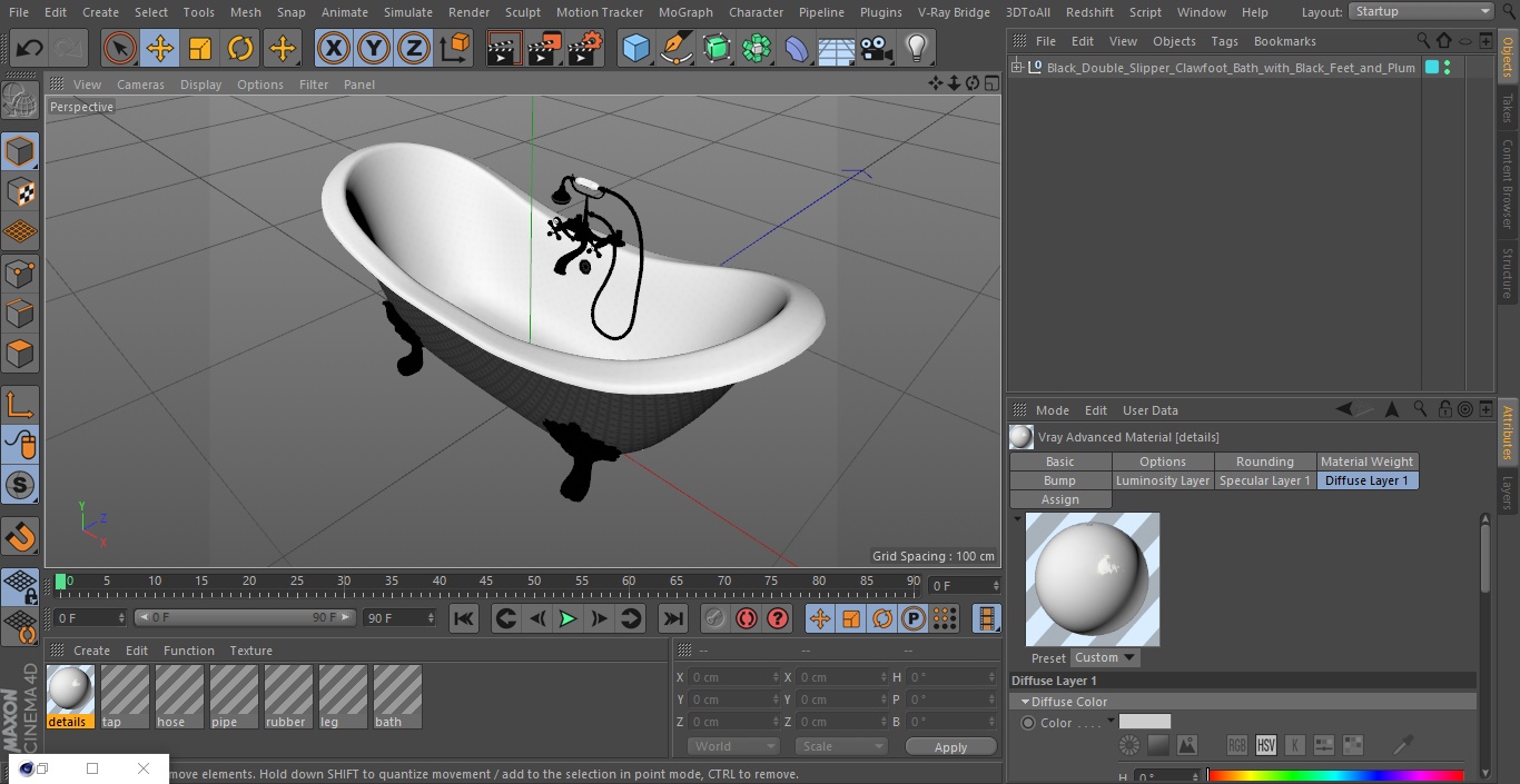 3D Black Double Slipper Clawfoot Bath with Black Feet and Plumbing model