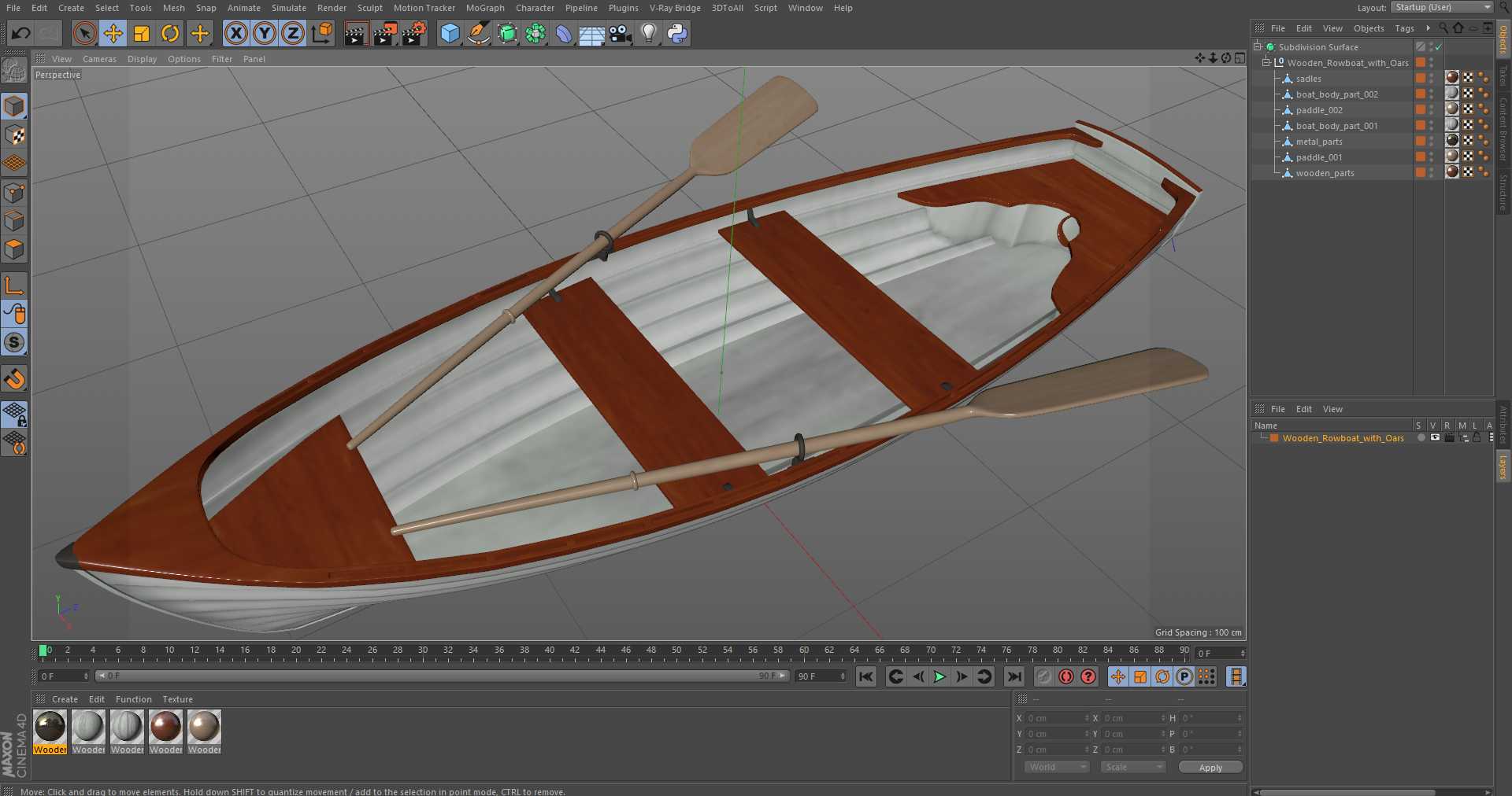 Wooden Rowboat with Oars 3D model