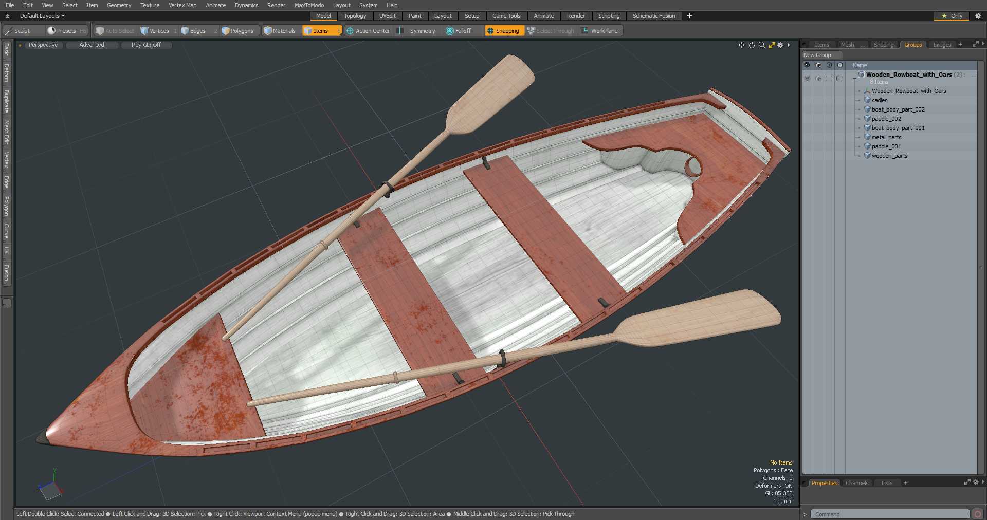 Wooden Rowboat with Oars 3D model