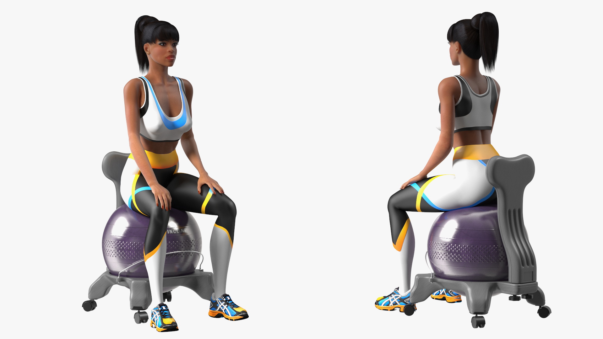 3D Sportswoman Sitting on Balancing Chair Grey model